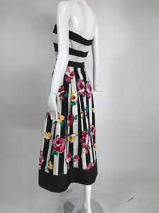 Victor Costa Strapless Black and White Stripe Floral Fit and Flare Dress
