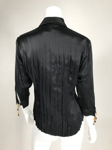 Roberto Cavalli Pleated Black Silk Satin Jewel Sleeve Blouse