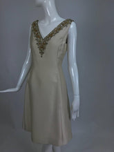 Malcolm Starr jeweled V neck silk dress 1960s