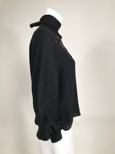 Valentino Vintage Black Silk Jacquard Tie Neck Blouse