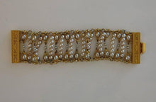 Wide embossed gold and pearl with rhinestone bracelet