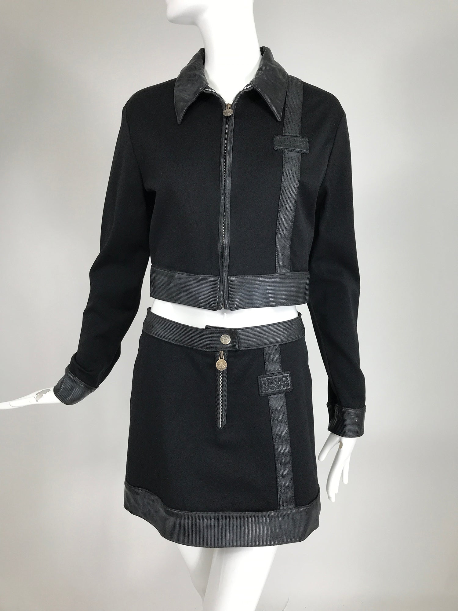 Versace Jeans Couture Black Vinyl & Stretch Fabric Jacket & Skirt 1990 – Palm Vintage