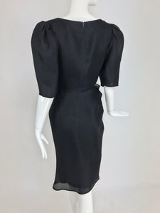 Givency Black Textured Silk Dress with Hip Bow 1990s