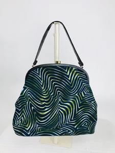 SOLD 1960s Large Handbag in Green & black Swirl Design Novelty Handbag