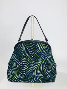 SOLD 1960s Large Handbag in Green & black Swirl Design Novelty Handbag