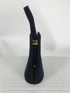 Bienen-Davis 1940s Navy Blue Suede Handbag with Gold Hardware
