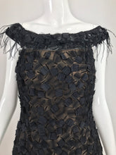 Oscar de la Renta Beaded Black Silk Organza and Feather Cocktail Dress