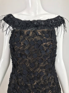 Oscar de la Renta Beaded Black Silk Organza and Feather Cocktail Dress