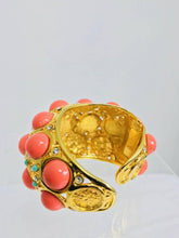 SOLD Kenneth J Lane faux coral turquoise rhinestone gold clamp cuffs bracelet
