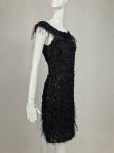 Oscar de la Renta Beaded Black Silk Organza and Feather Cocktail Dress