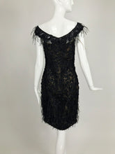 Oscar de la Renta Beaded Black Silk Organza and Feather Cocktail Dress