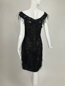 Oscar de la Renta Beaded Black Silk Organza and Feather Cocktail Dress