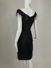 Oscar de la Renta Beaded Black Silk Organza and Feather Cocktail Dress