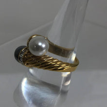SOLD Grey and White Faux Pearls gold Twist ring with rhinestones