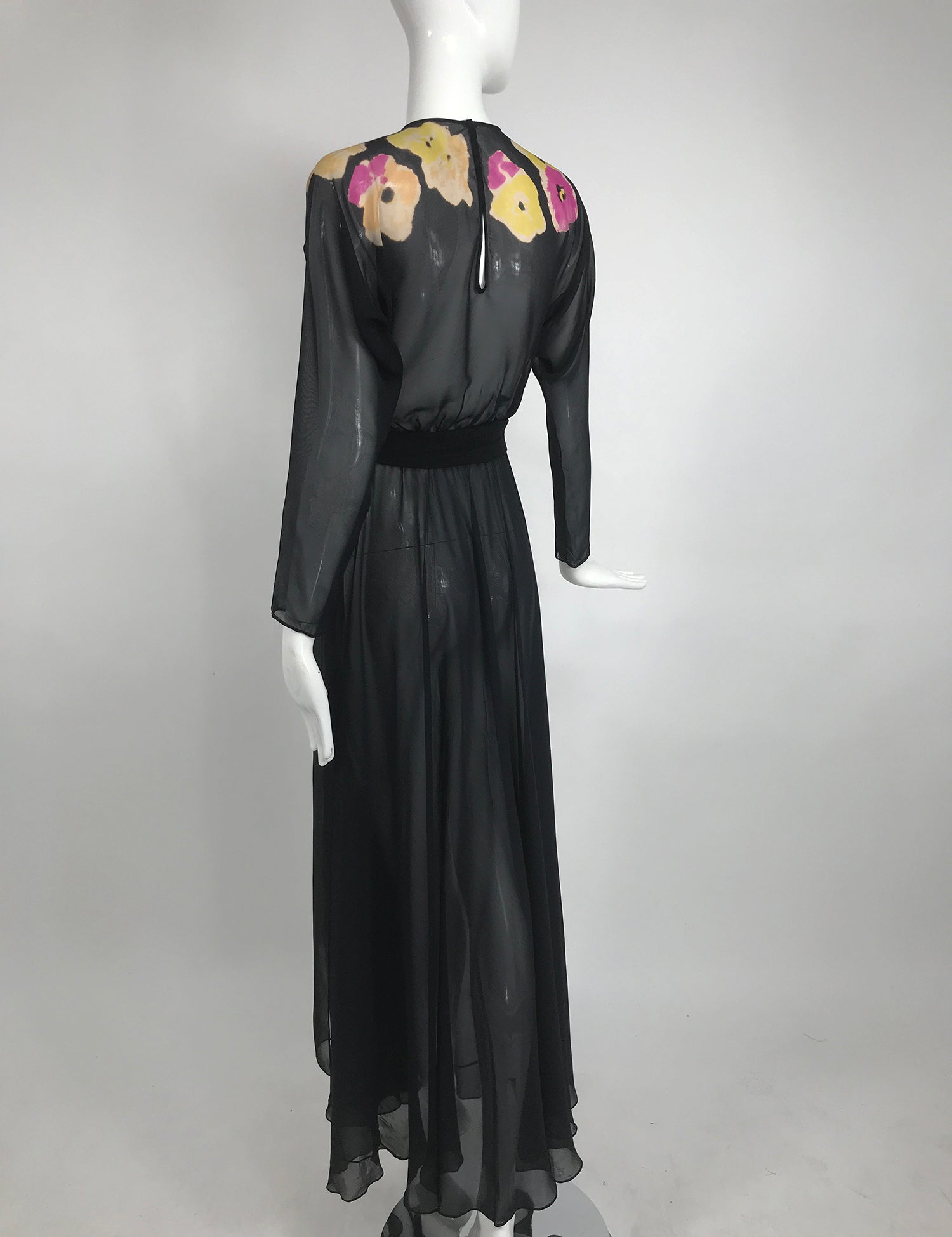 Vintage 1930s Floral Print Bias Cut Black Silk Chiffon Maxi Dress Palm Beach Vintage Vintage 1930s Floral Print Bias Cut Black Silk Chiffon Maxi Dress Palm Beach Vintage