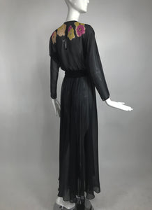 Vintage 1930s Floral Print Bias Cut Black Silk Chiffon Maxi Dress