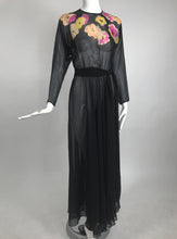 Vintage 1930s Floral Print Bias Cut Black Silk Chiffon Maxi Dress