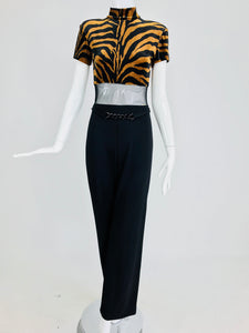 SOLD Tiger Panne Velvet Mesh and Jersey Jumpsuit 1970s Cache'