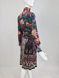 SOLD Emanuel Ungaro Rich Silk Jacqard Ikat Print Pleated Skirt and Top 1980s