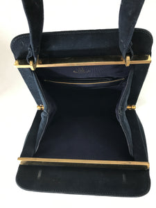 SOLD Bienen-Davis 1940s Navy Blue Suede Handbag with Gold Hardware