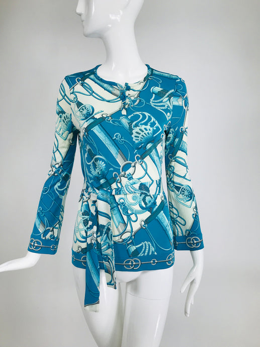 Hermes Turquoise Silk Jersey Print Henley Top with Belt