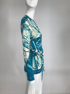 Hermes Turquoise Silk Jersey Print Henley Top with Belt