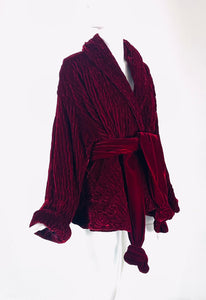 Romeo Gigli S/S 1990 Look 24 Textured Garnet Velvet Swing Wrap Coat With Belt 44