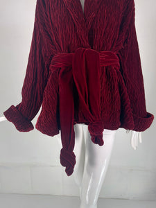 Romeo Gigli S/S 1990 Look 24 Textured Garnet Velvet Swing Wrap Coat With Belt 44