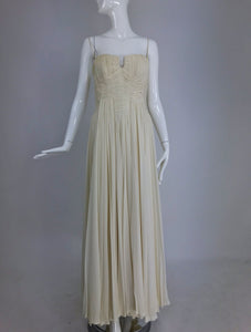 Vintage Fernanda Gattinoni Couture Ivory pleated silk chiffon evening gown 1950s