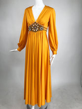 Vintage Plunge V Jewel Empire Waist Maxi Dress in Pumpkin 1970s