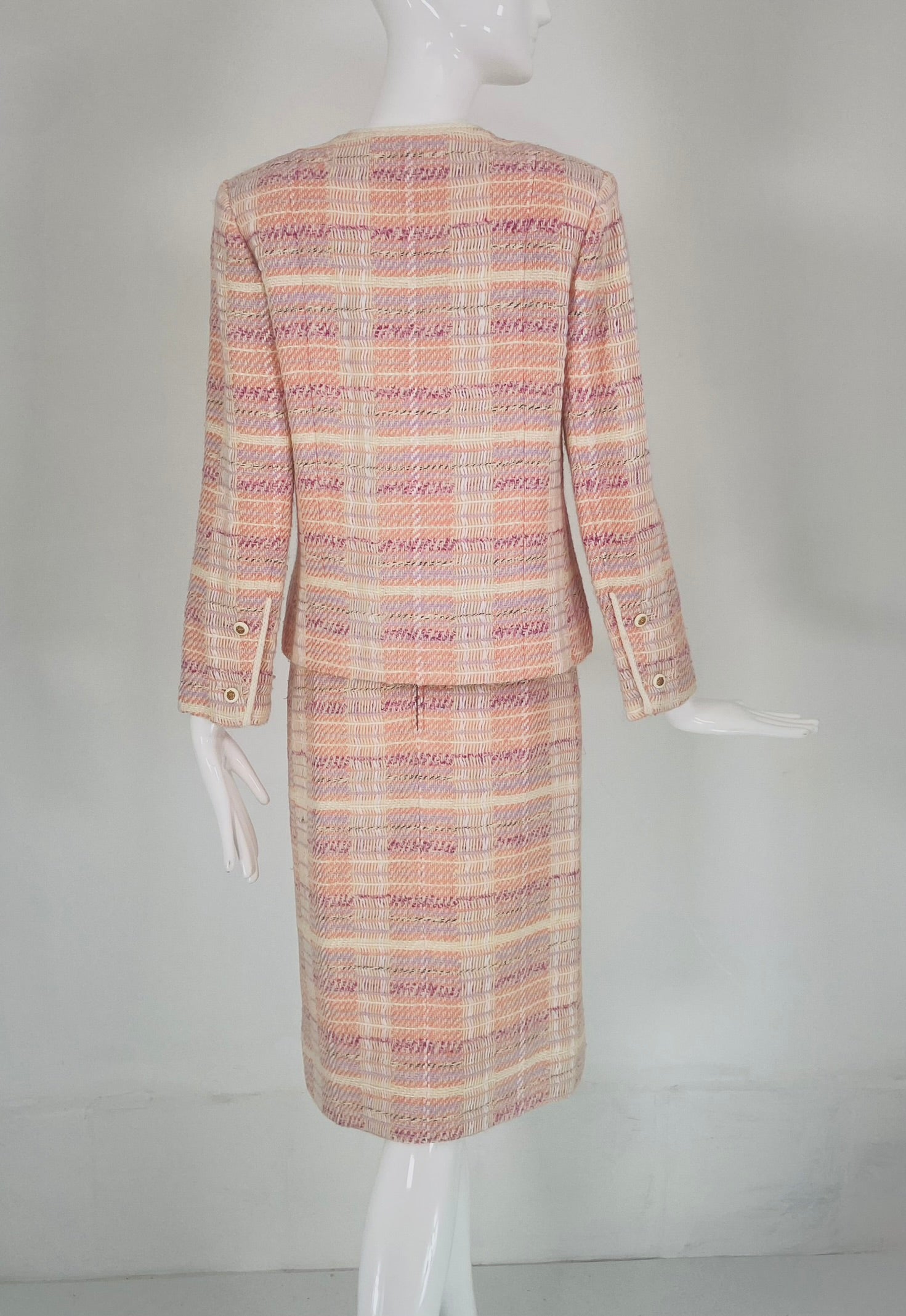Chanel Creations Pastel Peach Cream Lavender Tweed Skirt Suit 1970s