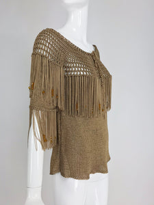 Bronze Fringe Knit Beaded Sweater 1980s