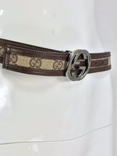 Gucci Silver Buckle Logo Canvas and Leather Belt