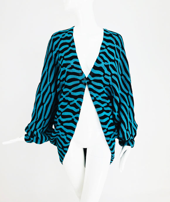 Vintagee Cora Blue Paris Cocoon Sweater Turquoise Black 1980s 