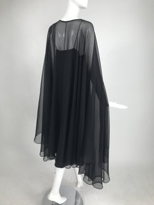 SOLD Adolfo Black Bias Cut Silk Slip Dress and Silk Chiffon Cape Set 1970s
