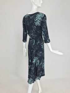 1940s Plume and Butterfly Rayon Print Day Dress