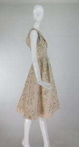 Hattie Carnegie embroidered & beaded ivory silk cocktail dress 1950s