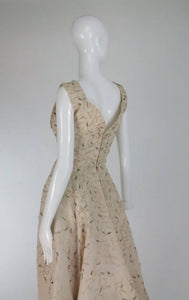 Hattie Carnegie embroidered & beaded ivory silk cocktail dress 1950s