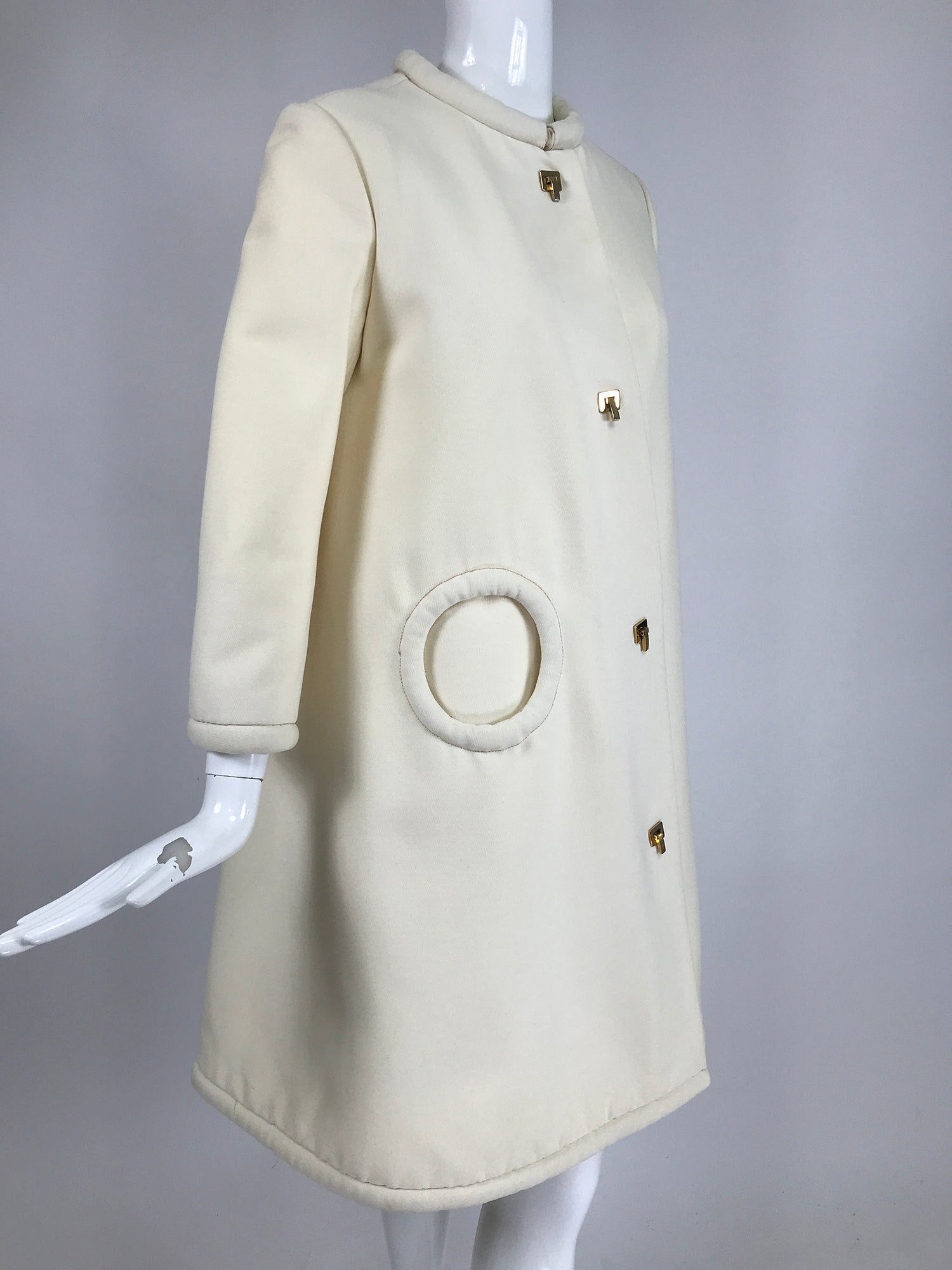 Pierre Cardin 1960s Off White Wool Coat with Metal Toggle Clasps