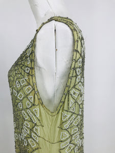 1920s Beaded Spiders Web Flapper Dress in Mint Green Chiffon Vintage