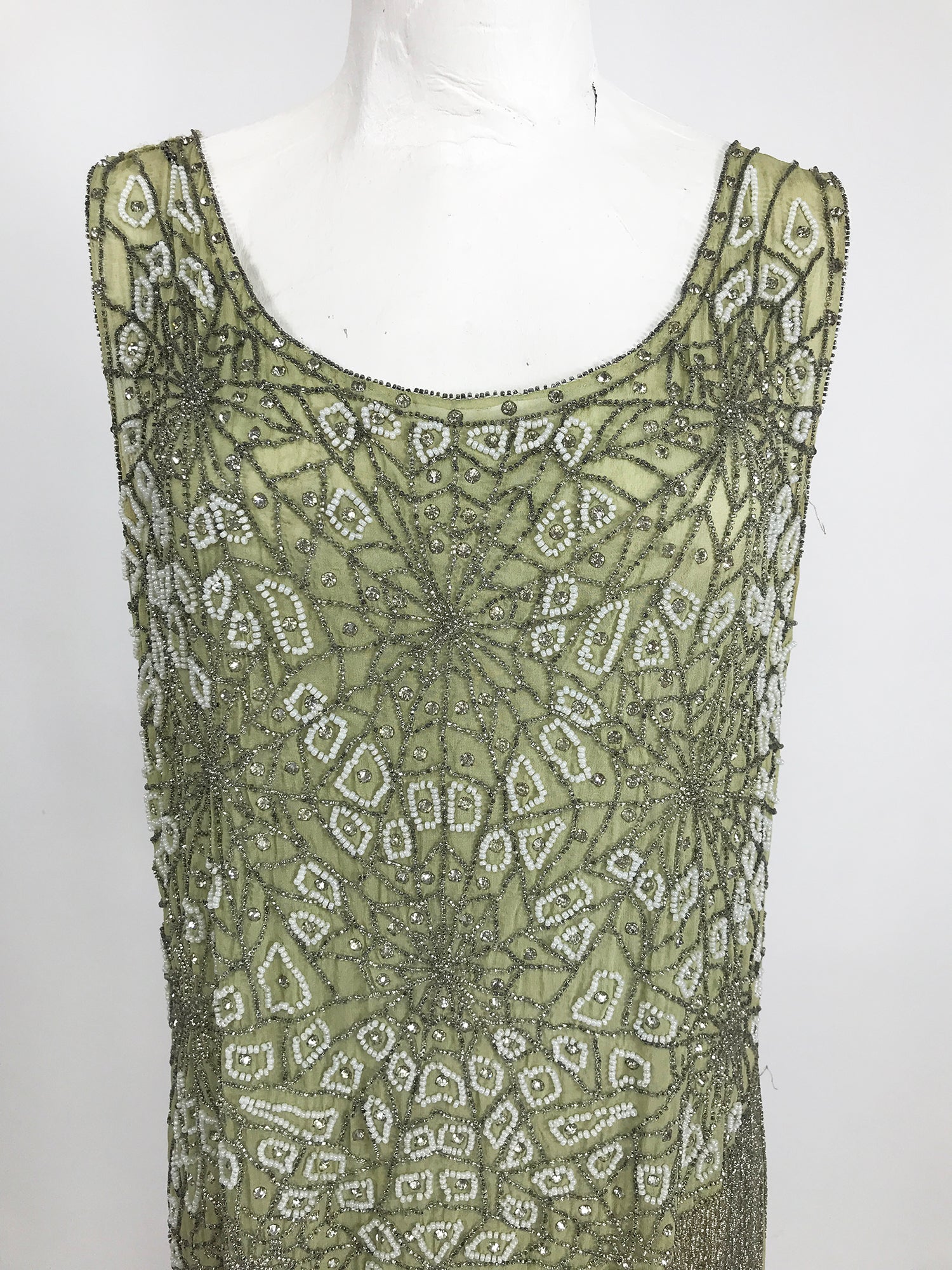 1920s Beaded Spiders Web Flapper Dress in Mint Green Chiffon Vintage  Palm  Beach Vintage