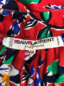 SOLD Yves Saint Laurent Red Floral Silk Jacquard Scoop Neck Dress 1980s