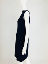 SOLD Bill Blass Navy Blue Wool Sheath Dress With Shoulder Detail, 1970s