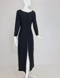 SOLD 1970s Vintage Laced Black and White Crepe Slit Front Tunic