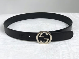 Gucci Black Leather Round Silver Buckle Belt 30