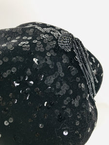 Galanos Kangol Black Sequined Wool with Beaded Tassel Beret 1960s