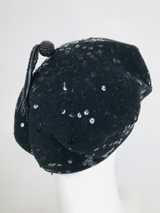 Galanos Kangol Black Sequined Wool with Beaded Tassel Beret 1960s
