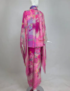 SOLD Hanae Mori pink floral silk kimono evening set 1960s