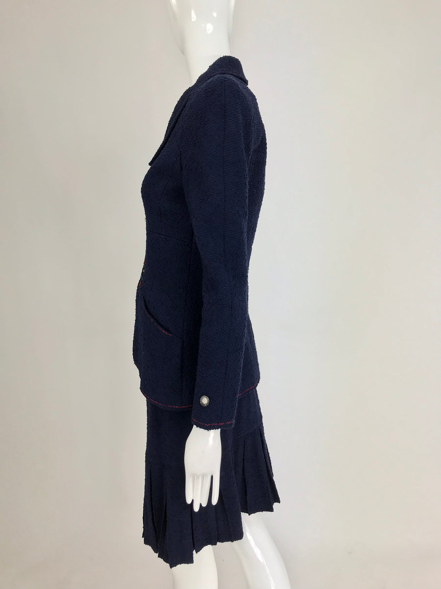SOLD Chanel Navy Blue Appliqued Fitted Suit with Short Pleated Skirt 1 –  Palm Beach Vintage