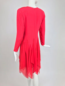 SOLD Bill Blass Red Silk Crepe with Chiffon Scarves Applique Dress